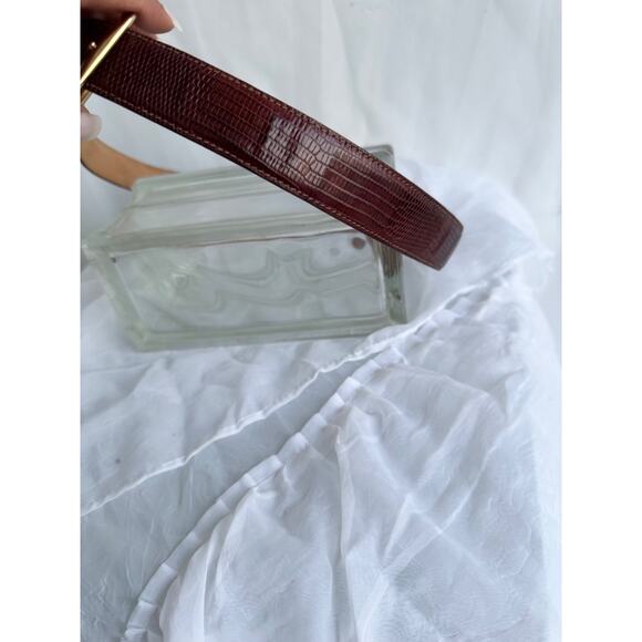 Saks Fifth Ave Mens 38 Brown Dress Belt Genuine LIZARD Leather gold buckle - Picture 3 of 7